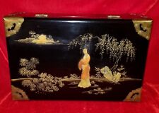 1950s Japanese Black Green Lacquer Jewelry Box Asian vtg Antique Japan  picture