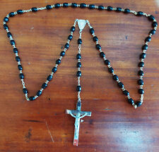 Vtg Black Wood Bead Rosary, Crucifix, 26