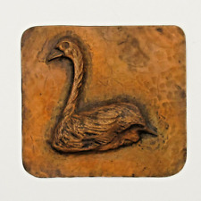 Vintage Artisan Small Hammered Copper Swan Bird Relief Tile Mold 3