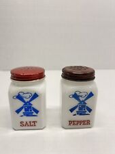 Vintage Hazel Atlas Blue Dutch Windmill Milk Glass Salt Pepper Shakers Red Lids picture