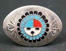 VINTAGE ZUNI NATIVE AMERICAN INLAID BELT BUCKLE SILVER TONE TURQUOISE CORAL picture