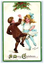 c1910's Merry Christmas Girl And Boy Dancing Holly Brundage Embossed Postcard picture