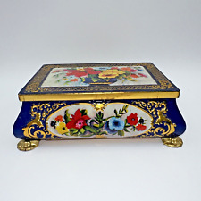 Vintage Blue And Gold Metal Footed Floral Box, Distressed, Pretty Storage picture