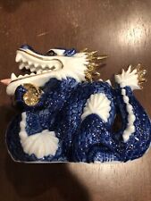 Vintage Lucky Dragons TKN Japan Yoshimi K. Porcelain Cobalt Blue & Gold Dragons picture