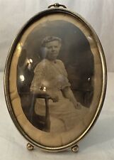 Antique B&W Photo Linen 1900's Woman Seated Bubble Glass Oval Frame picture