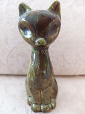 Vtg Mid Century Modern Green Aqua Drip Glaze Cat Statue Figurine 5.5