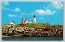 York Maine Nubble Lighthouse Since 1879 VINTAGE Postcard US Flag picture