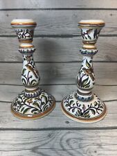 VINTAGE Pair 8” PORTUGAL CERAMIC CANDLE HOLDER HAND PAINTED Birds SGND NMBR picture
