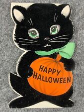 Used Dbl. Sided  Halloween FLOCKED Inky Black Cat 1940's Vintage NORCROSS Card picture