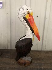 20” BROWN PELICAN ON PILING HAND CARVED WOOD TROPICAL SCULPTURE BIRD DECOR picture
