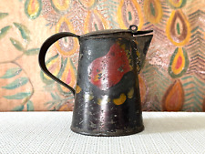 Antique Hand Painted Country Folk Art Tole Tinware Syrup Pitcher with Hinged Lid picture