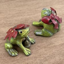 Pair Small Frogs Vintage Metal Figurines w Tiny Bells & Red Bow /Flower picture