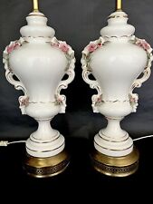 Mid Century PAIR 35” Table Lamps Porcelain Rose/Gold/Brass Base $1200 INS. VALUE picture