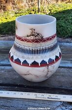 Authentic Native American Horsehair Pottery Vase Etched Artist Signed picture