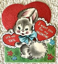 Unused Valentine Bunny Rabbit It’s No Tail Flocked Vtg Greeting Card 1940s 1950s picture