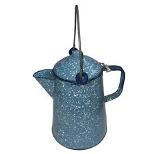 Large Vintage Enamelware Blue White Cobalt Speckled Cowboy Coffee Kettle Pot 9
