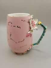 Pink Ceramic Enamel Mug Flower Bling Rhinestones Gorgeous Lily Dogwood Blossom  picture