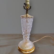 Vtg MCM Clear Crystal Cut Glass Flower Etched Gold Tone Table Top Lamp picture