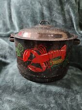 Vintage Black Speckled Enamelware Decorated Lobster Corn Pot 14