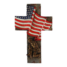 USA Flag Wall Cross Military Kneeling Soldier Rustic Weathered Finish Patriotic  picture