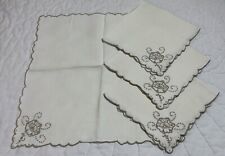 Four Vintage Dinner Napkins, Linen, Flower Embroidery Design, Antique White picture
