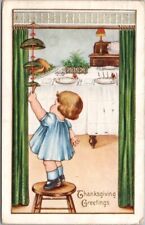 1914 Whitney THANKSGIVING GREETINGS Embossed Postcard Girl Ringing Dinner Bells picture