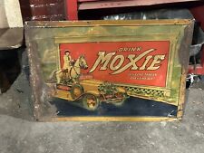 Vintage 1930's Drink Moxie Car & Horse Advertising Embossed Tin Soda Sign 19x27 picture
