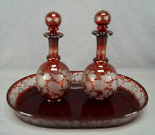 19th Century Bohemian Ruby Flashed & Engraved Grapevine Dresser Bottles & Tray picture