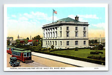 Postcard Sault Ste. Marie MI Michigan US Post Office Trolley Street Car picture