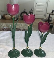 Vtg. 90’s  Tulip Metal Candleholder Set/3 Wine/green/ Gold Trim picture