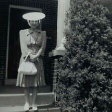 Woman Disc Hat Dress Porch House B&W Photograph 3 x 4.25 picture