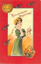 1909 sgd. EC Banks Lady Peeling Apple Bats JOL Halloween Greetings post card picture