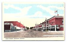 Postcard Main Street Kingman Kansas Storefronts Signs Antique Automobiles picture