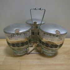 Libbey Glass Condiment Jar Trio w/Metal Lids & Metal Stand Vintage MCM picture