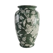 Tall Green Embossed Floral Vase Porcelain China Late 20th Century 12.75