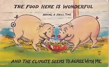 The Food Here is Wonderful Having A Swill Time Pigs Eating Linen Postcard Unused picture