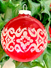 VINTAGE Glass SHINY BRITE Christmas Ball RED WHITE Reflective  Glitter STENCILED picture