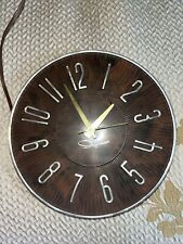 Vintage INGRAHAM Mid-Century Modern Plastic Wall Clock Brown & Gold Color Tested picture