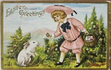 Easter Greetings, Child With Easter Basket & Rabbit, 1908 Vintage Postcard  picture