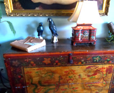 Vintage Chinese Chinoiserie Lacquer Bird Floral Red Wood Lamp Handpainted Chest picture