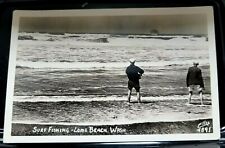 Vintage Real Photo Postcard RPPC Surf Fishing Long Beach  WA Ellis Ocean Waves  picture