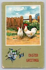 c1910 Chickens Fence Forgt Me Nots Greetings Easter P507A picture