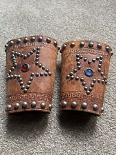 Two Antique Cowboy  Hand Tooled Studded Brown Leather Wrist Cuffs/ Youth Size picture