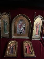 Antique Vintage Religious Icons Set Of 5 Gold Leafs Wooden Pieces Saints Altar picture