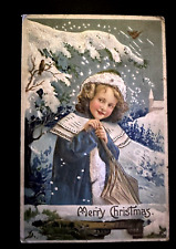 Christmas ~Victorian Girl~in  Blue Cape~Hat~ Snowy Scene~Antique~ Postcard~g531 picture