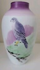 Vintage Atq White Glass Art Vase Hand Painted Falcon Hawk Purple Unsigned picture