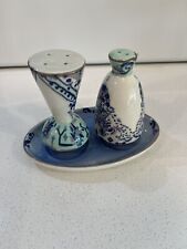 Anthropologie Plum Lilia Salt And Pepper Shaker Set With Tray Blue Ceramic picture