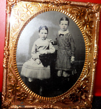 1/6th size Tintype of two sisters in brass mat/frame picture