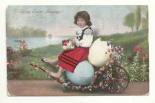Postcard Easter Egg Little Girl Wheelbarrow Flowers River Antique 1907  picture
