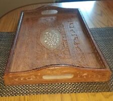 VTG CARVED WOOD Handled Serving Tray w/FLORAL INLAY 17